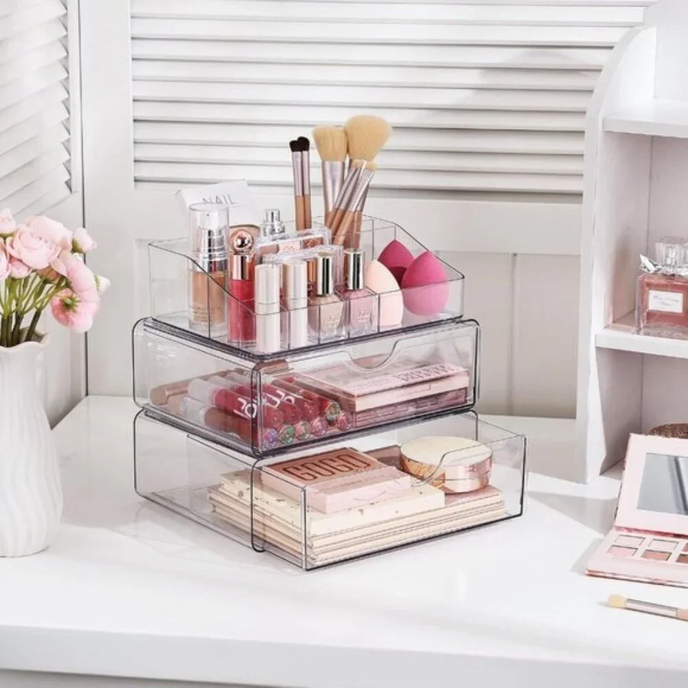 3-Tier Clear Makeup Organizer with Drawer, Cosmetic Storage for Vanity & Bath